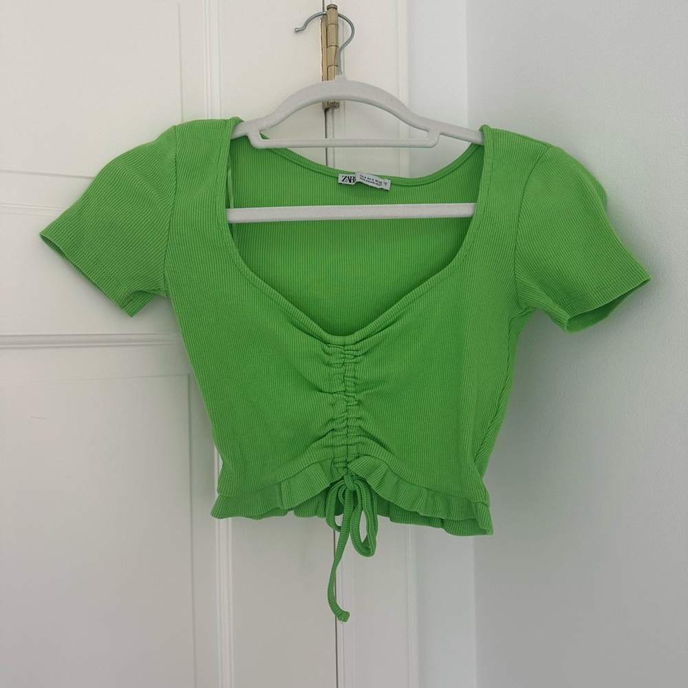 Zara Ruffled Crop Top Green - Picture 2 of 4